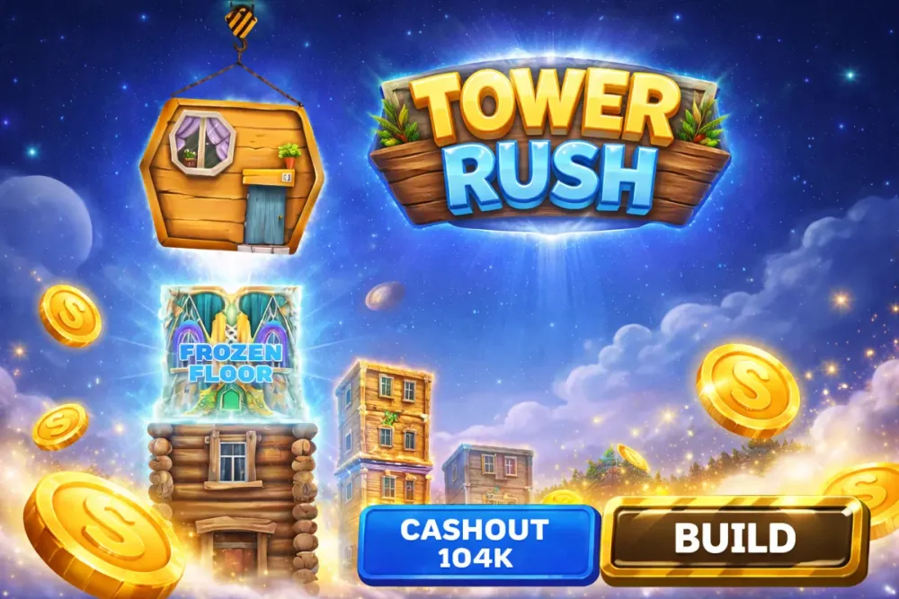 Arte do jogo Tower Rush: uma torre de casas empilhadas, um guindaste a segurar o próximo piso e moedas a voar, com o logótipo do jogo.