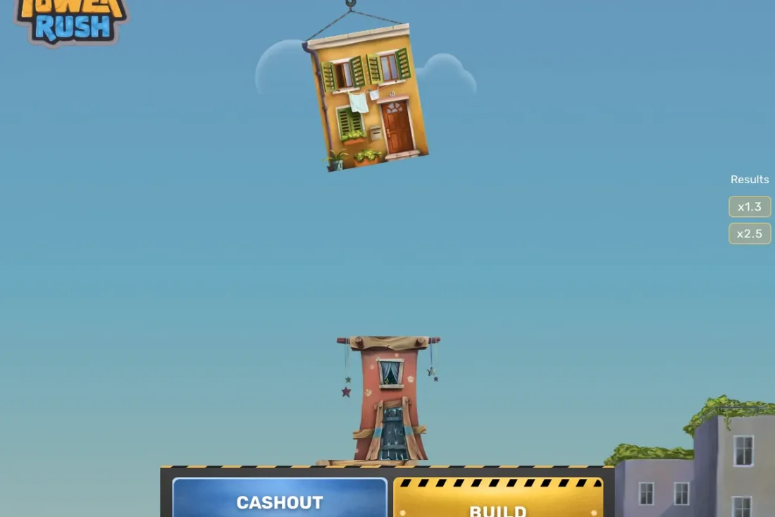 Captura do Tower Rush: o guindaste segura uma casa no ar, pronta a ser largada sobre a torre já construída em baixo, com o marcador em modo demo (FUN).