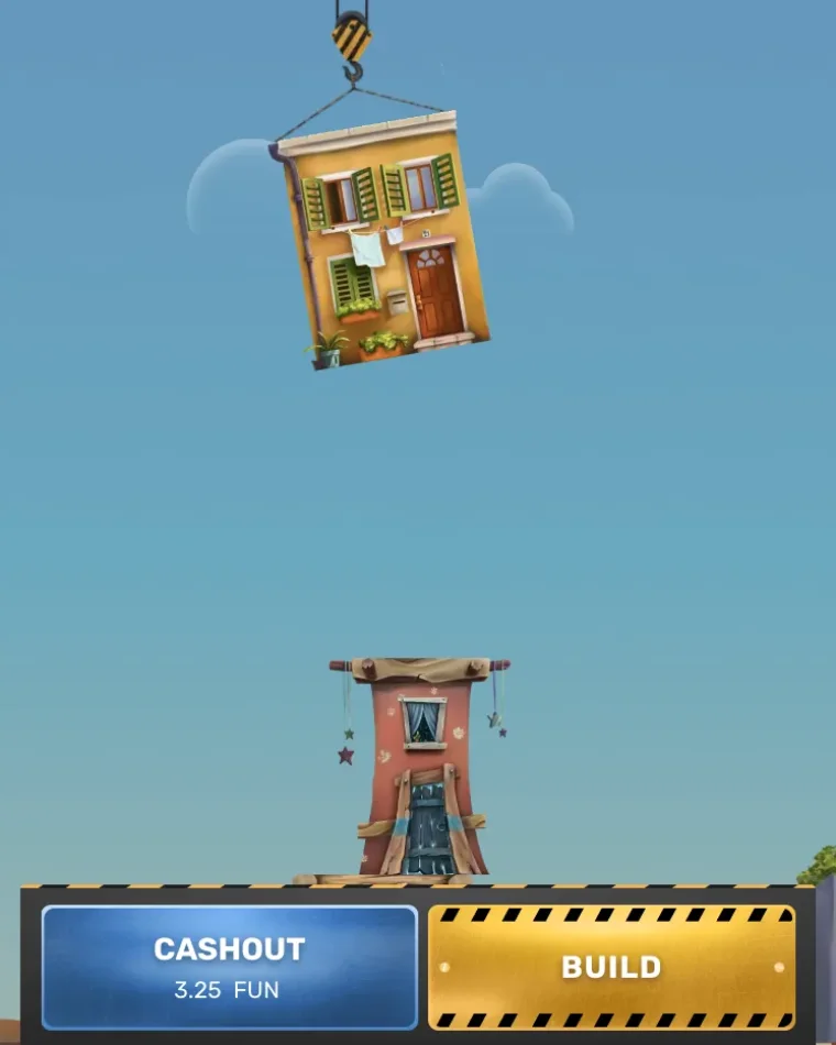 Captura do Tower Rush: um guindaste desce uma casa amarela sobre a torre já construída; em baixo, o marcador em modo demo (FUN), sem dinheiro.